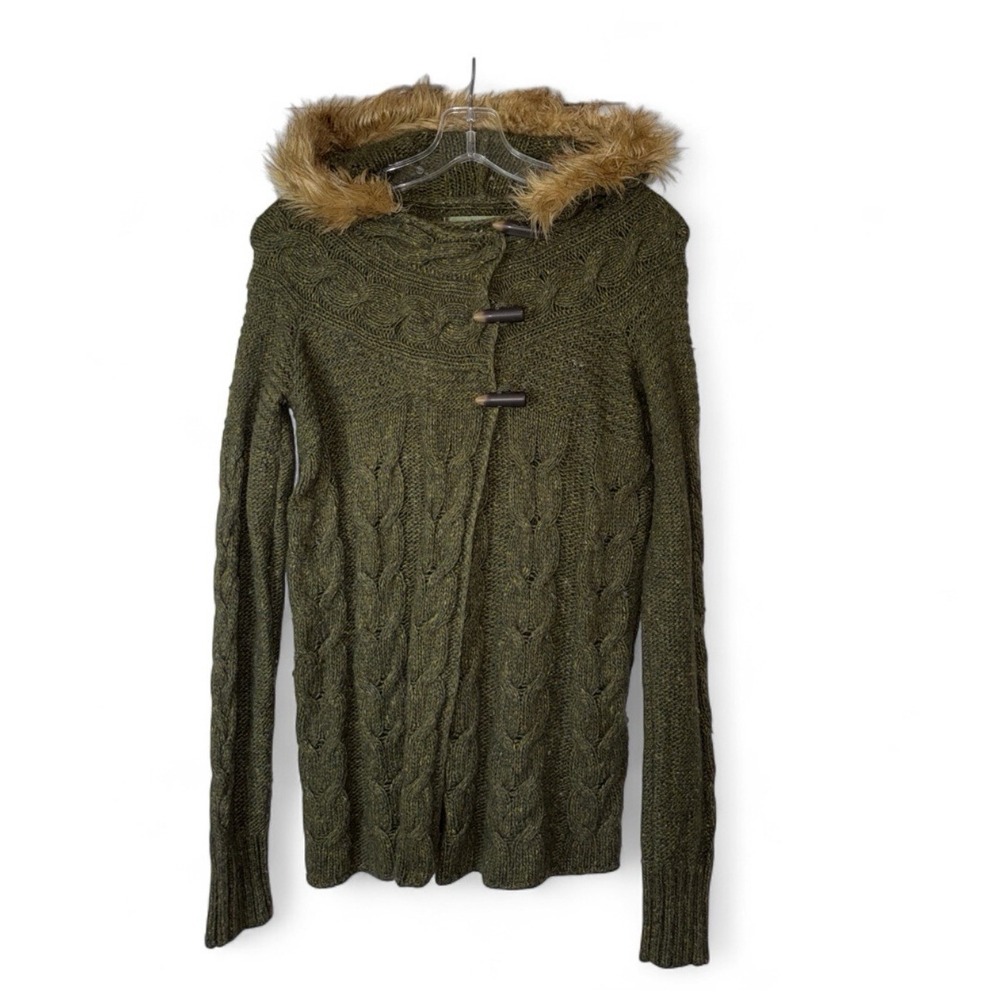 Old Navy 2007 Wool Angora Cable Knit Hooded Sweater S Green Fur Trim Y2K Toggle